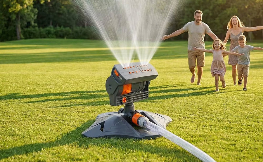 Family running on a lush green lawn with oscillating sprinkler in action