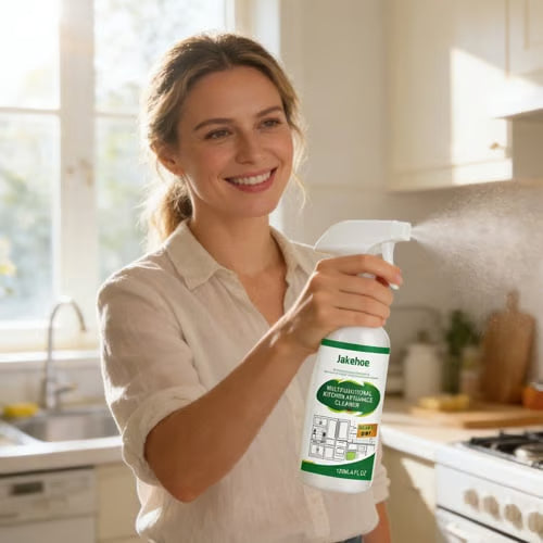 Woman smiling while using Jakehoe enzyme kitchen cleaner spray in a bright kitchen
