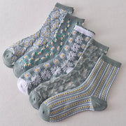 5 Pairs Women's Blue Elegant Embossed Floral Cotton Socks