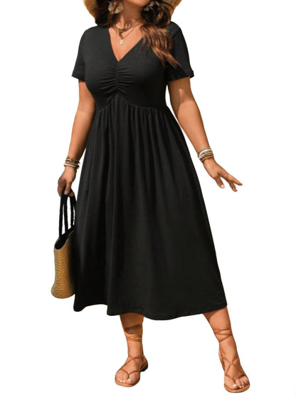 🎉 2026 Sale — Over 50,000 Sold!👗Plus Size V-Neck Ruched Short Sleeve Midi Dress, Casual Summer Flowy A-Line Dress