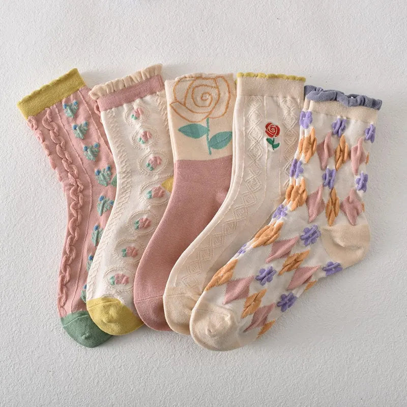 5 pairs of women's pink floral cotton socks