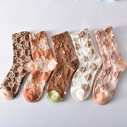 5 Pairs Women's Elegant Embossed Floral Cotton Socks