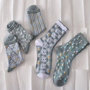 5 Pairs Women's Blue Elegant Embossed Floral Cotton Socks