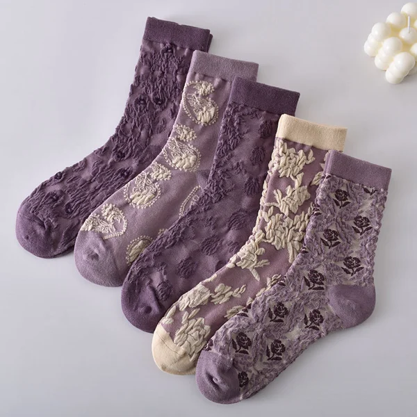 5 Pairs Women's Purple Vintage Floral Cotton Socks