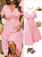 🎉 2026 Sale — Over 50,000 Sold!👗Plus Size V-Neck Ruched Short Sleeve Midi Dress, Casual Summer Flowy A-Line Dress