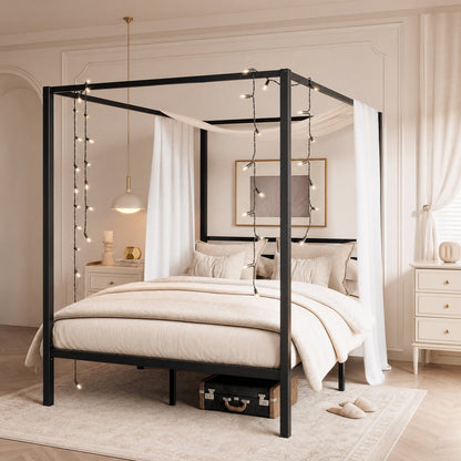 Canopy Bed Frame with Heavy-Duty Metal Slats, Four-Poster Metal Bed Frame with Under-Bed Storage, No Box Spring Needed