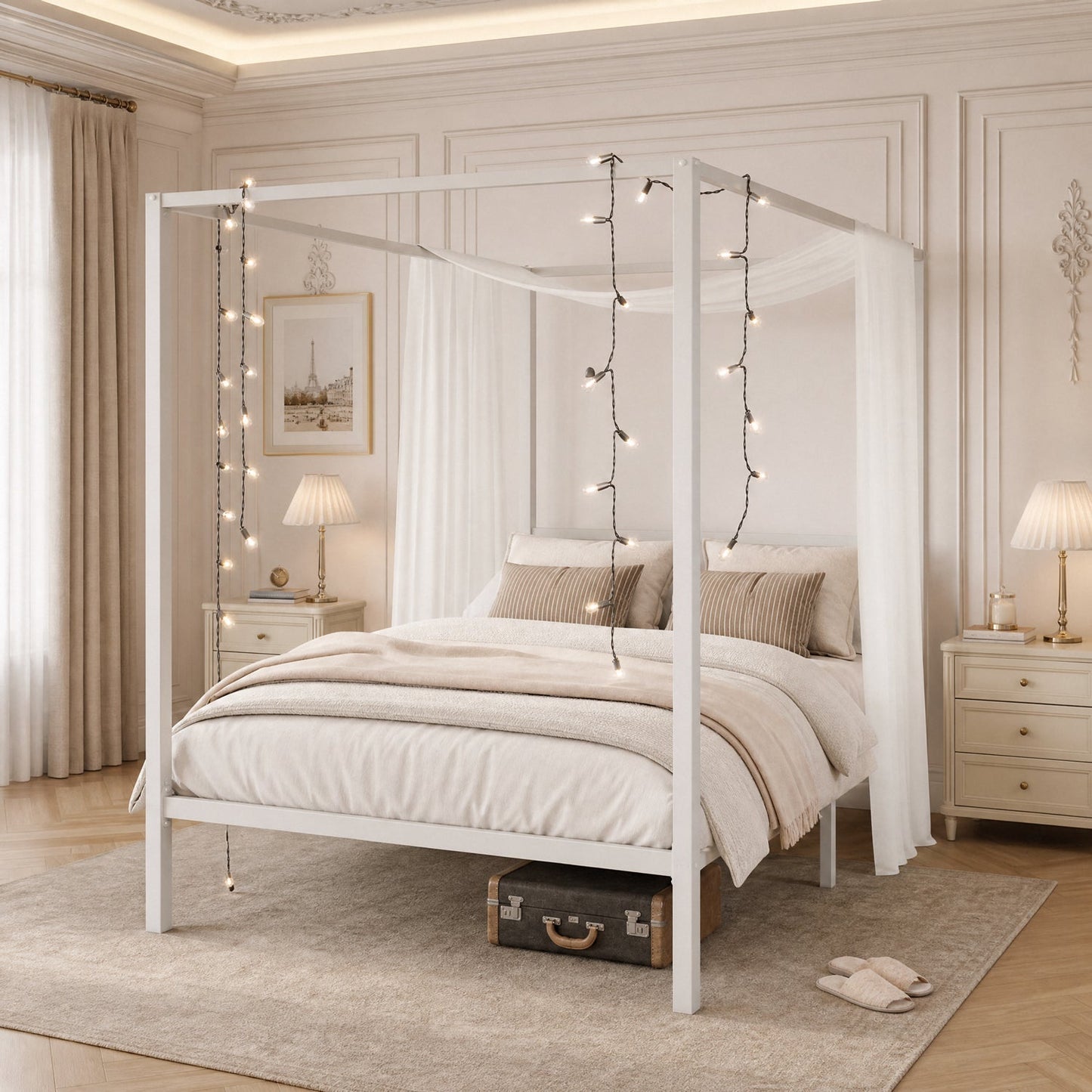Canopy Bed Frame with Heavy-Duty Metal Slats, Four-Poster Metal Bed Frame with Under-Bed Storage, No Box Spring Needed