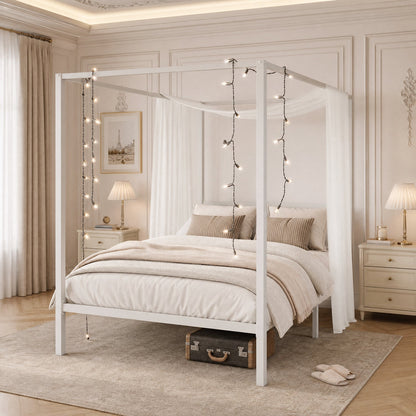 Canopy Bed Frame with Heavy-Duty Metal Slats, Four-Poster Metal Bed Frame with Under-Bed Storage, No Box Spring Needed