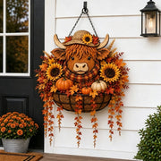 🎃 Fall Harvest Highland Cow Hanging Basket, Farmhouse Home Decor