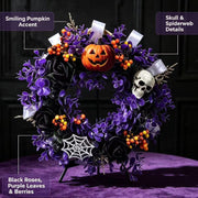 👻Halloween Black & Purple Rose Artificial Flower Skull Pendant, Spooky Ghost Festival Hanging Ornament for Home Party Decor
