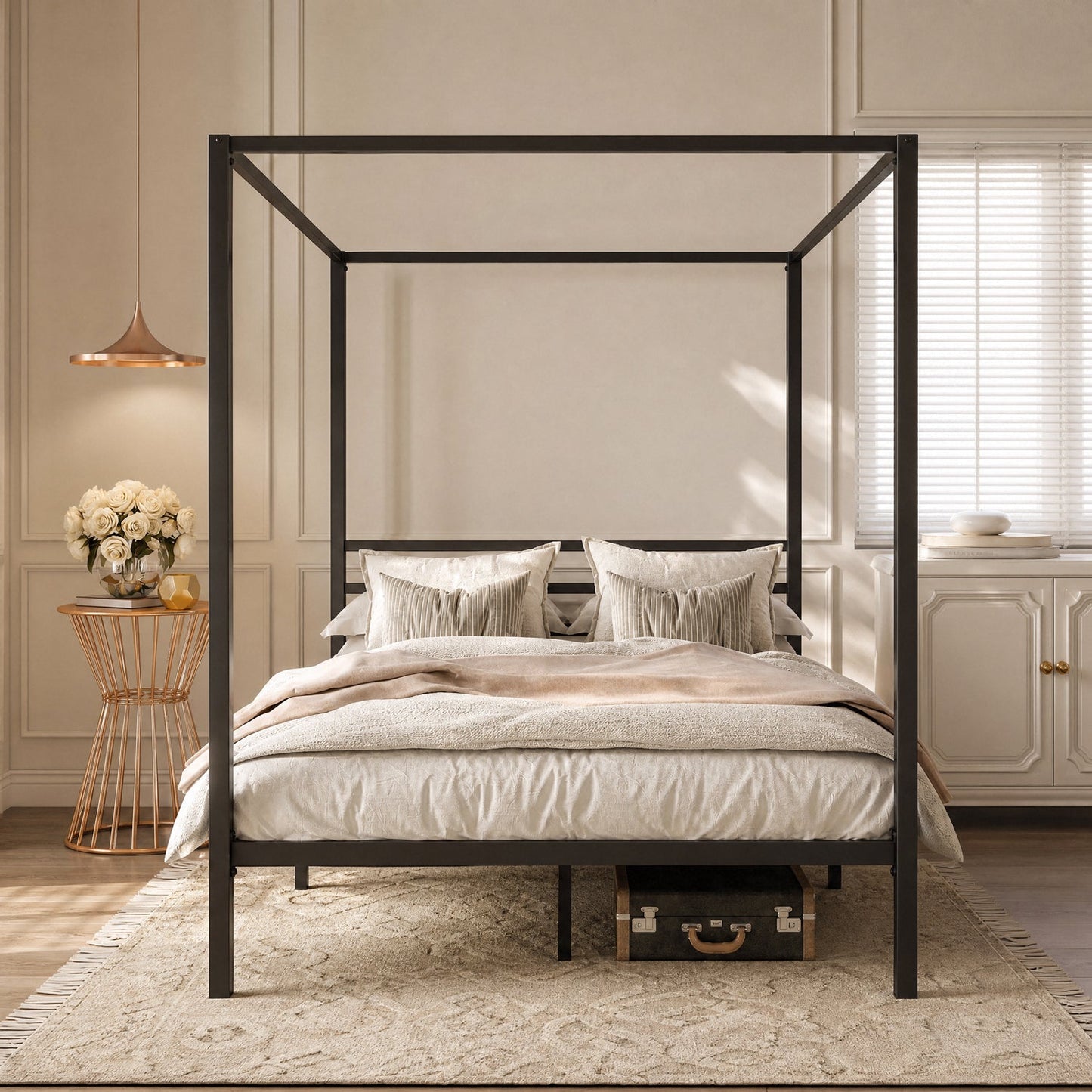 Canopy Bed Frame with Heavy-Duty Metal Slats, Four-Poster Metal Bed Frame with Under-Bed Storage, No Box Spring Needed