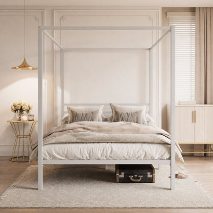 Canopy Bed Frame with Heavy-Duty Metal Slats, Four-Poster Metal Bed Frame with Under-Bed Storage, No Box Spring Needed