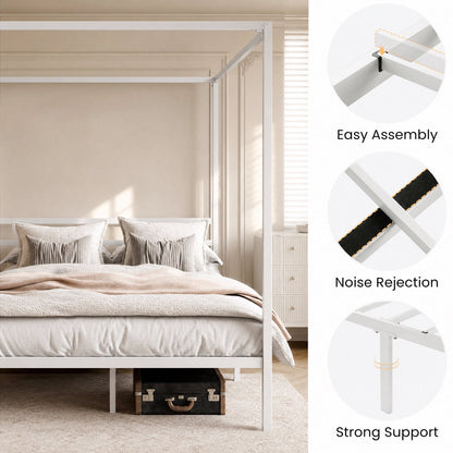 Canopy Bed Frame with Heavy-Duty Metal Slats, Four-Poster Metal Bed Frame with Under-Bed Storage, No Box Spring Needed