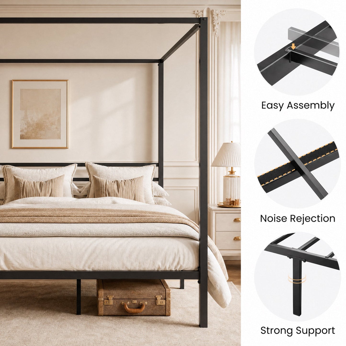 Canopy Bed Frame with Heavy-Duty Metal Slats, Four-Poster Metal Bed Frame with Under-Bed Storage, No Box Spring Needed