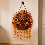 🎃 Fall Harvest Highland Cow Hanging Basket, Farmhouse Home Decor