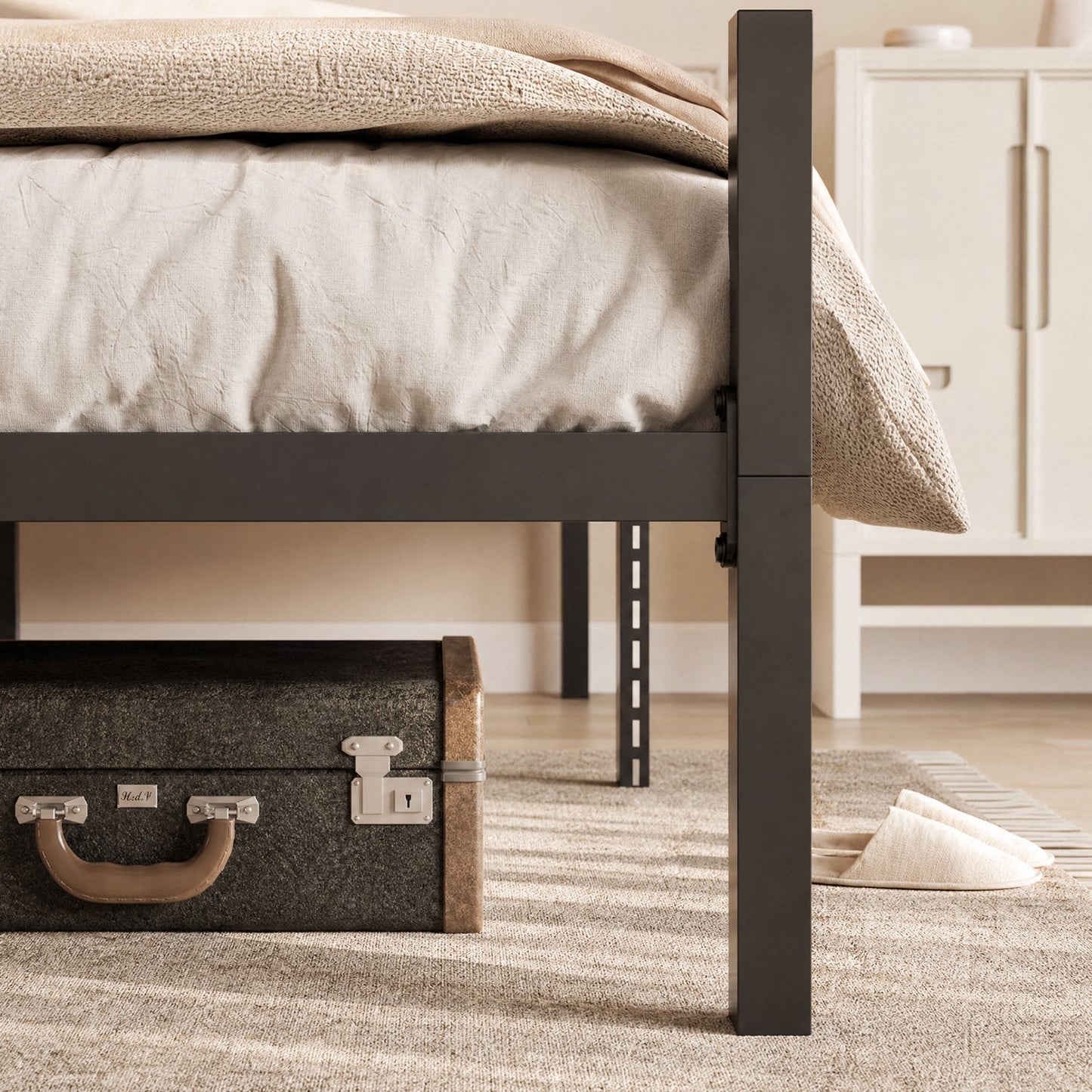 Canopy Bed Frame with Heavy-Duty Metal Slats, Four-Poster Metal Bed Frame with Under-Bed Storage, No Box Spring Needed