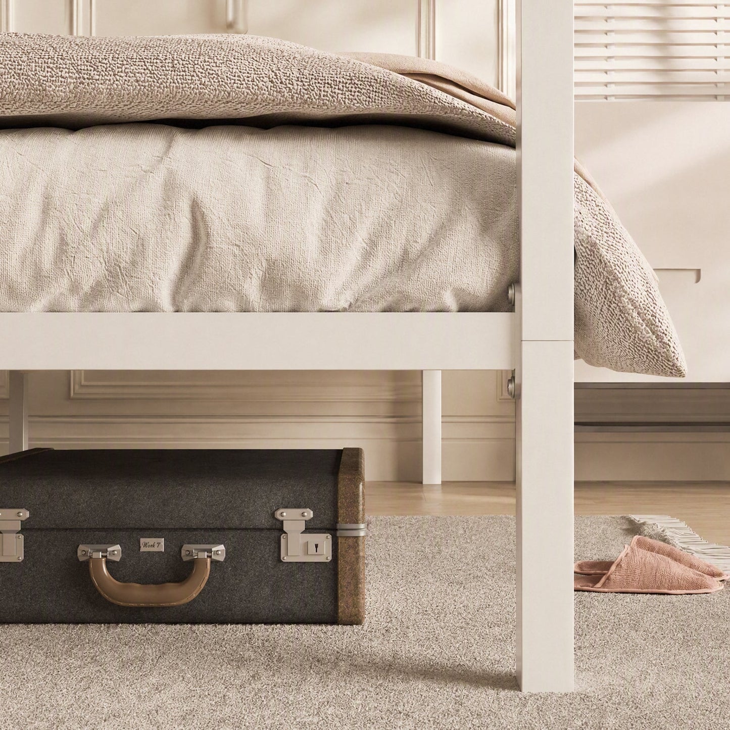 Canopy Bed Frame with Heavy-Duty Metal Slats, Four-Poster Metal Bed Frame with Under-Bed Storage, No Box Spring Needed