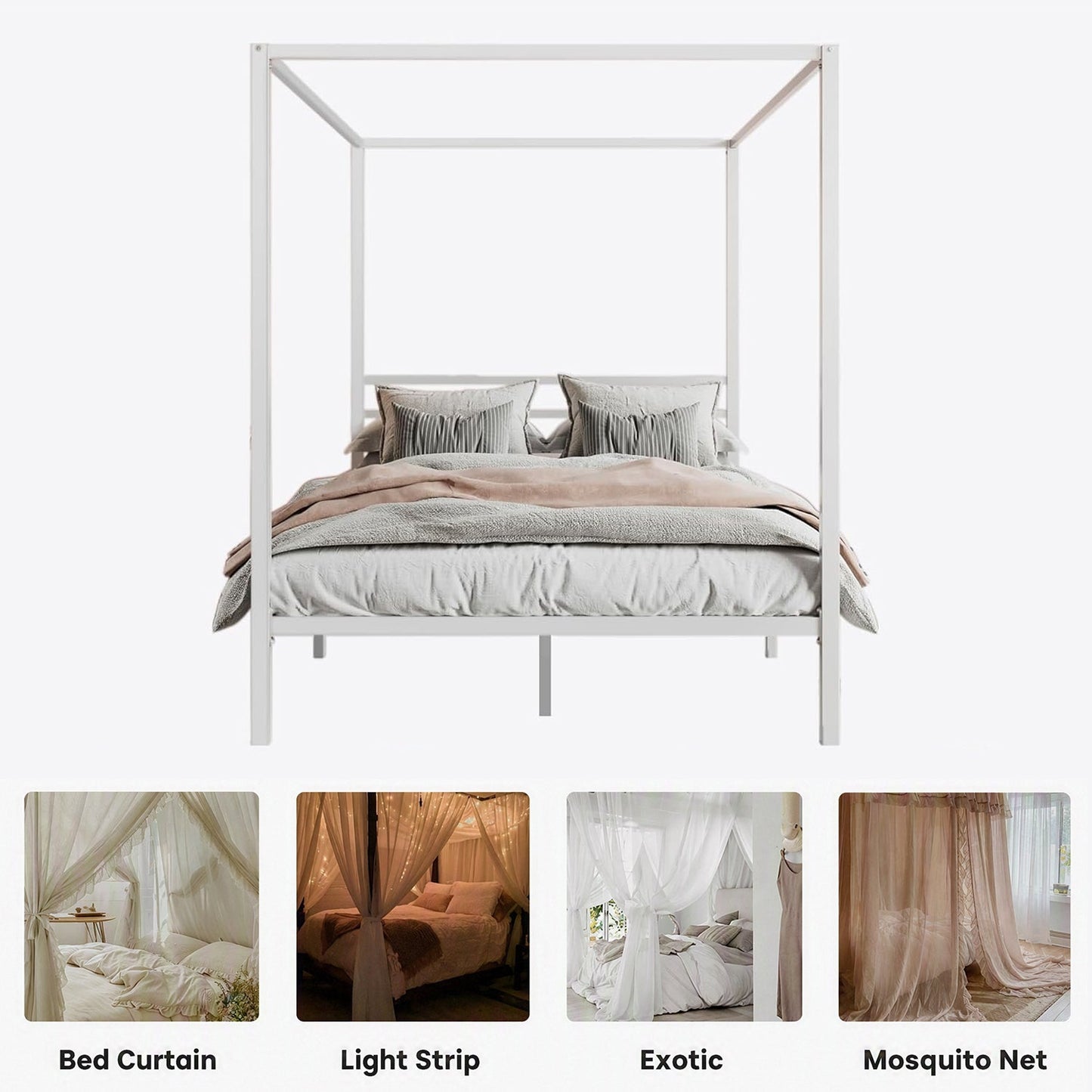 Canopy Bed Frame with Heavy-Duty Metal Slats, Four-Poster Metal Bed Frame with Under-Bed Storage, No Box Spring Needed