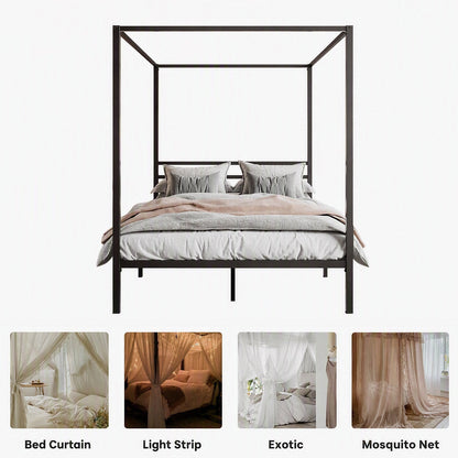 Canopy Bed Frame with Heavy-Duty Metal Slats, Four-Poster Metal Bed Frame with Under-Bed Storage, No Box Spring Needed