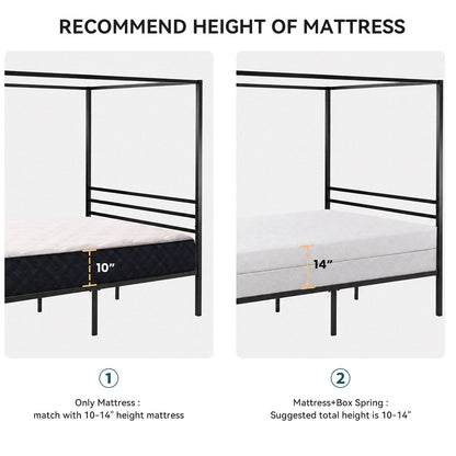 Canopy Bed Frame with Heavy-Duty Metal Slats, Four-Poster Metal Bed Frame with Under-Bed Storage, No Box Spring Needed