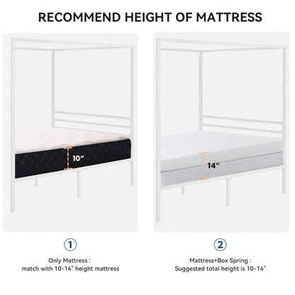 Canopy Bed Frame with Heavy-Duty Metal Slats, Four-Poster Metal Bed Frame with Under-Bed Storage, No Box Spring Needed