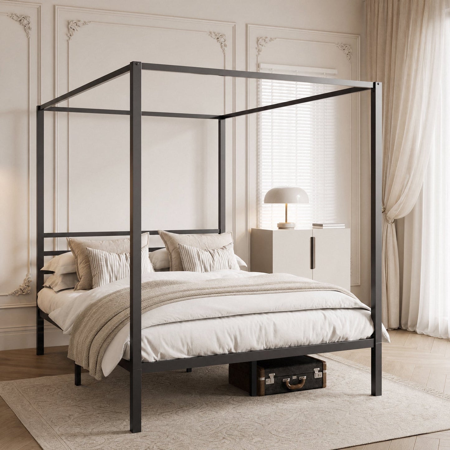 Canopy Bed Frame with Heavy-Duty Metal Slats, Four-Poster Metal Bed Frame with Under-Bed Storage, No Box Spring Needed