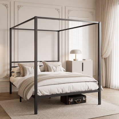 Canopy Bed Frame with Heavy-Duty Metal Slats, Four-Poster Metal Bed Frame with Under-Bed Storage, No Box Spring Needed