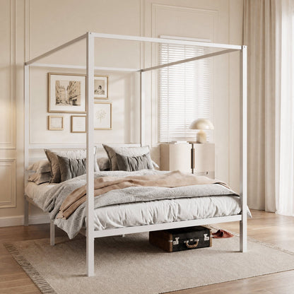 Canopy Bed Frame with Heavy-Duty Metal Slats, Four-Poster Metal Bed Frame with Under-Bed Storage, No Box Spring Needed