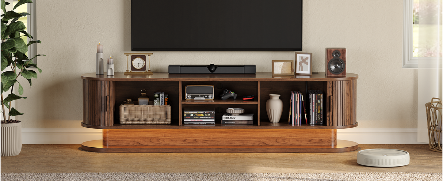 70" Fluted TV Stand for 80 Inch TV, Entertainment Center with Power Outlet & LED Lights