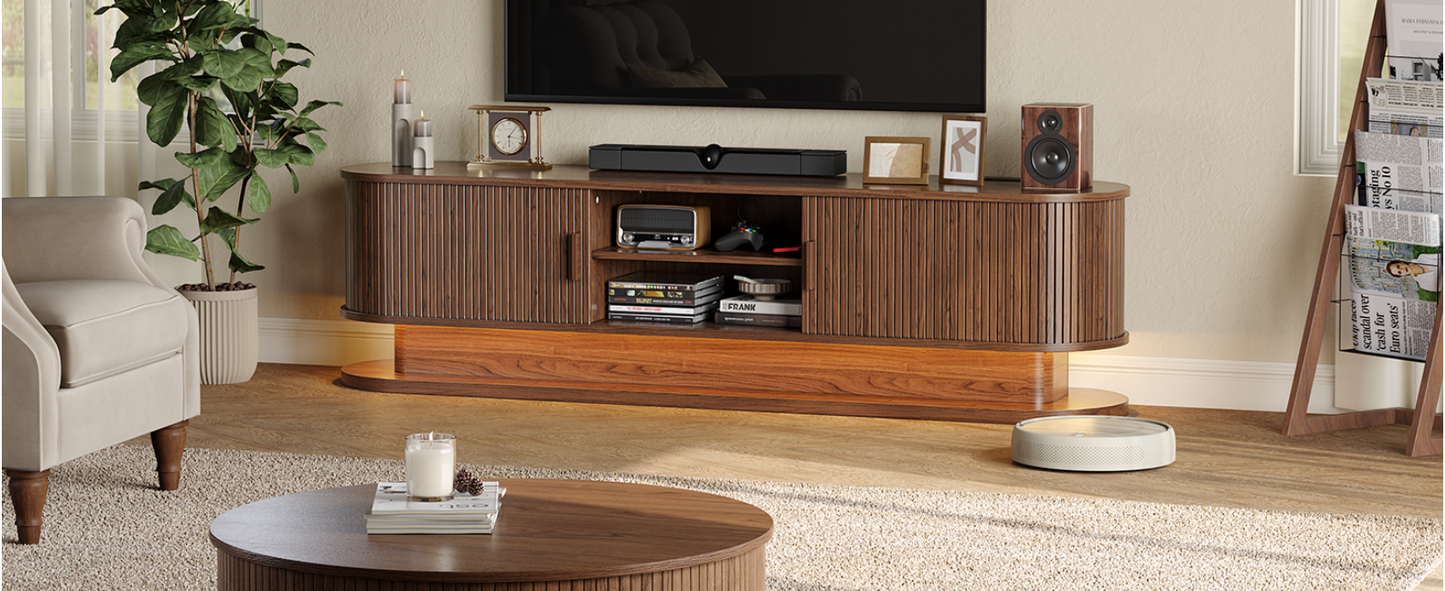 70" Fluted TV Stand for 80 Inch TV, Entertainment Center with Power Outlet & LED Lights