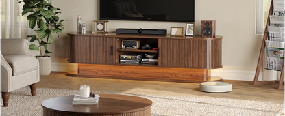 70" Fluted TV Stand for 80 Inch TV, Entertainment Center with Power Outlet & LED Lights