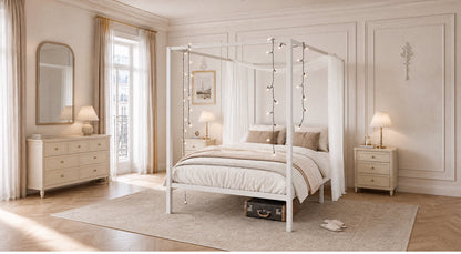 Canopy Bed Frame with Heavy-Duty Metal Slats, Four-Poster Metal Bed Frame with Under-Bed Storage, No Box Spring Needed