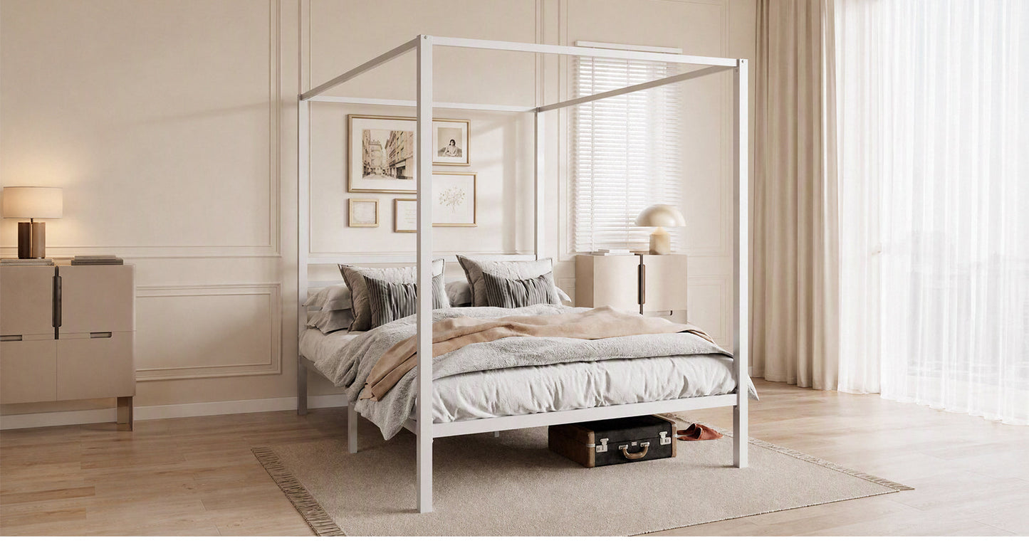 Canopy Bed Frame with Heavy-Duty Metal Slats, Four-Poster Metal Bed Frame with Under-Bed Storage, No Box Spring Needed