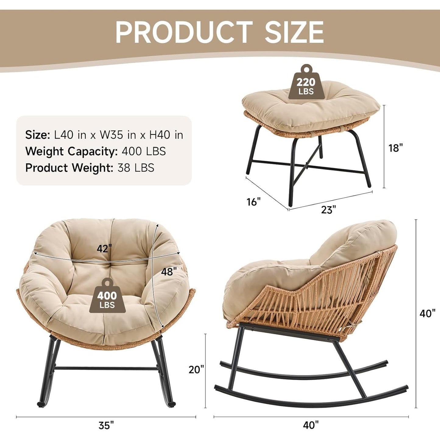 Papasan Rocking Chair with Ottoman, Oversized Indoor Outdoor Rattan Rocker with Padded Cushion