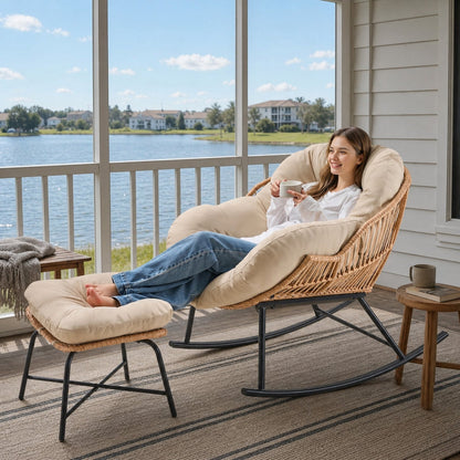 Papasan Rocking Chair with Ottoman, Oversized Indoor Outdoor Rattan Rocker with Padded Cushion