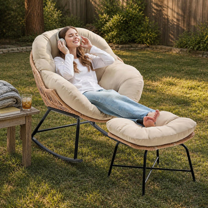 Papasan Rocking Chair with Ottoman, Oversized Indoor Outdoor Rattan Rocker with Padded Cushion