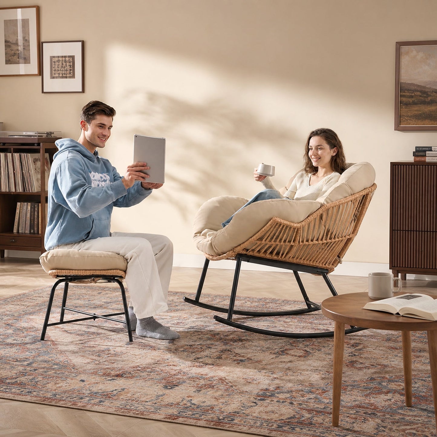 Papasan Rocking Chair with Ottoman, Oversized Indoor Outdoor Rattan Rocker with Padded Cushion
