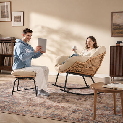 Papasan Rocking Chair with Ottoman, Oversized Indoor Outdoor Rattan Rocker with Padded Cushion