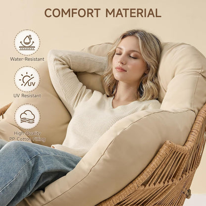 Papasan Rocking Chair with Ottoman, Oversized Indoor Outdoor Rattan Rocker with Padded Cushion