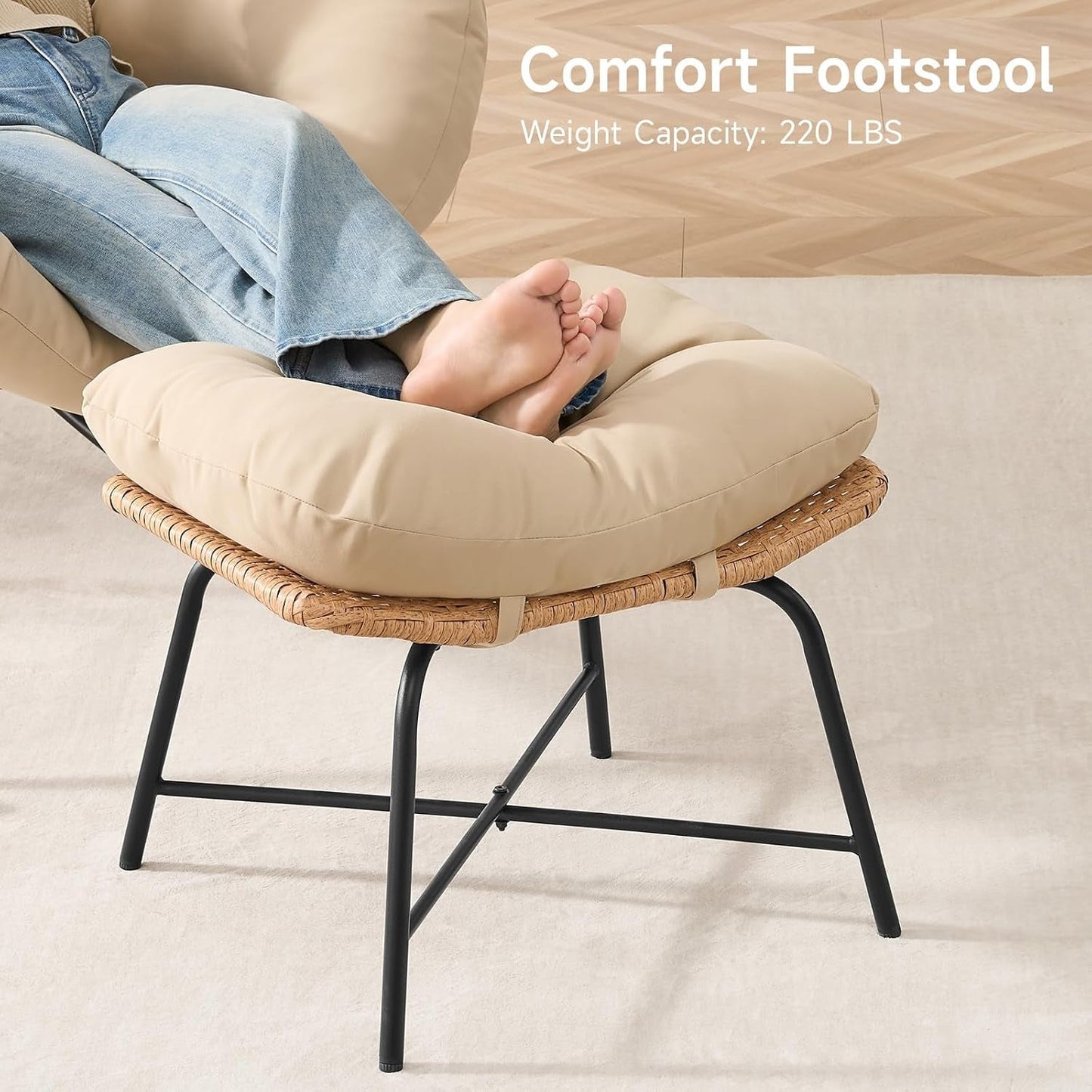 Papasan Rocking Chair with Ottoman, Oversized Indoor Outdoor Rattan Rocker with Padded Cushion