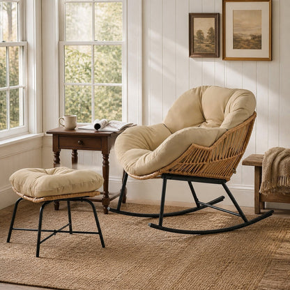 Papasan Rocking Chair with Ottoman, Oversized Indoor Outdoor Rattan Rocker with Padded Cushion