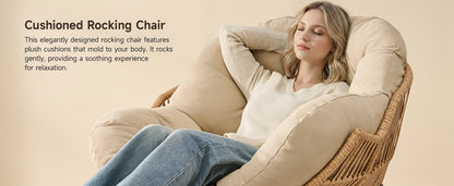 Papasan Rocking Chair with Ottoman, Oversized Indoor Outdoor Rattan Rocker with Padded Cushion