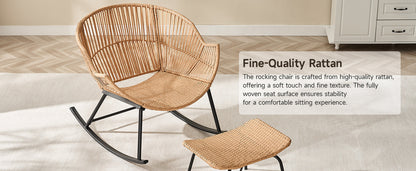 Papasan Rocking Chair with Ottoman, Oversized Indoor Outdoor Rattan Rocker with Padded Cushion