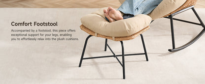 Papasan Rocking Chair with Ottoman, Oversized Indoor Outdoor Rattan Rocker with Padded Cushion