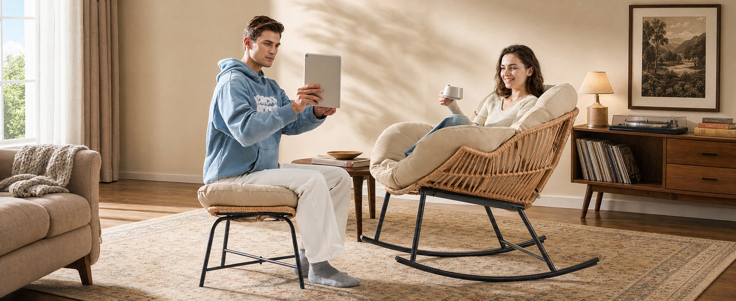 Papasan Rocking Chair with Ottoman, Oversized Indoor Outdoor Rattan Rocker with Padded Cushion