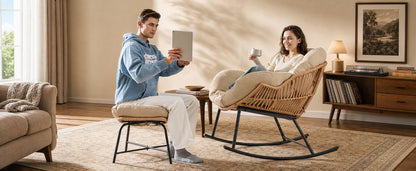 Papasan Rocking Chair with Ottoman, Oversized Indoor Outdoor Rattan Rocker with Padded Cushion