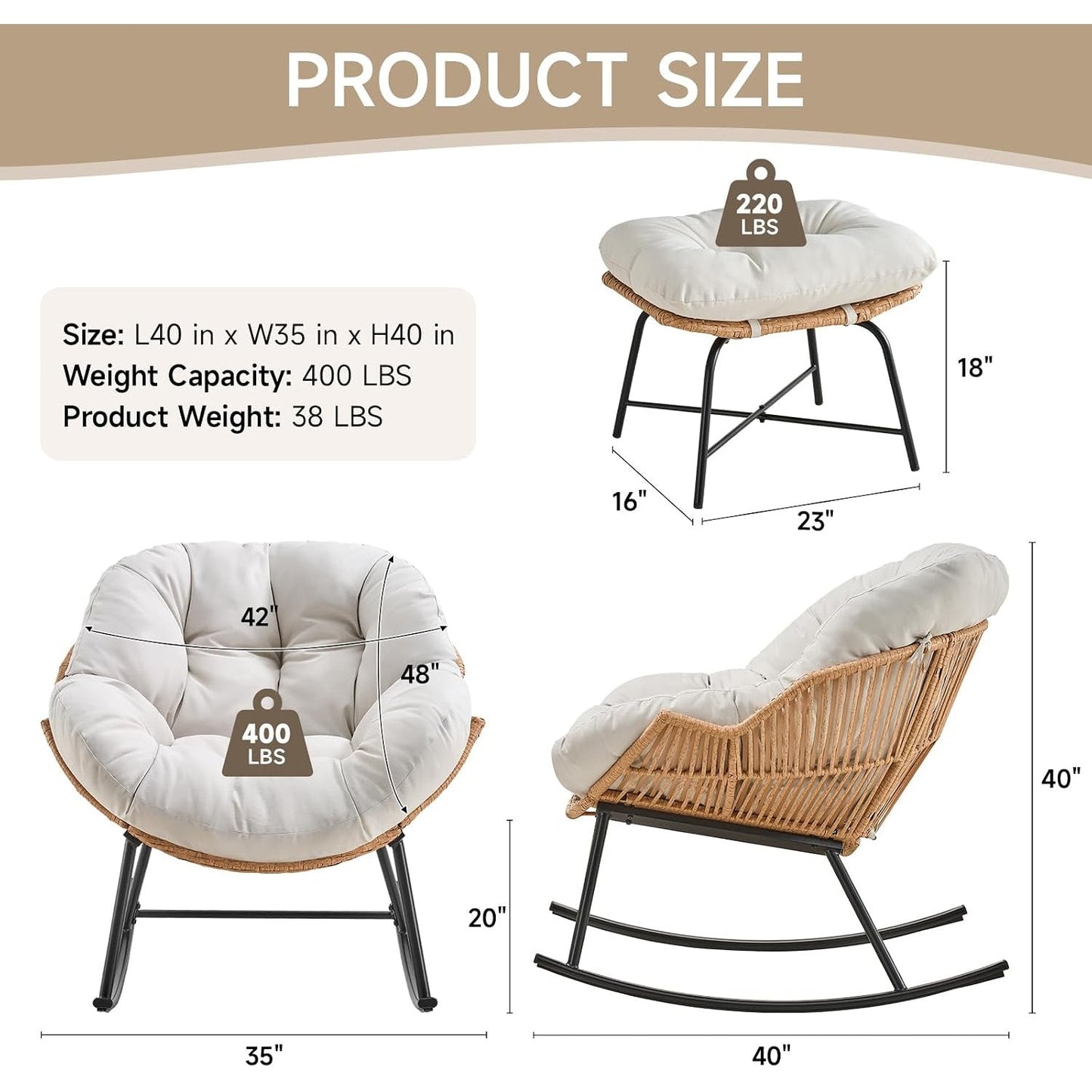 Papasan Rocking Chair with Ottoman, Oversized Indoor Outdoor Rattan Rocker with Padded Cushion