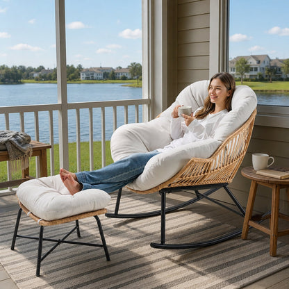 Papasan Rocking Chair with Ottoman, Oversized Indoor Outdoor Rattan Rocker with Padded Cushion