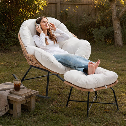 Papasan Rocking Chair with Ottoman, Oversized Indoor Outdoor Rattan Rocker with Padded Cushion