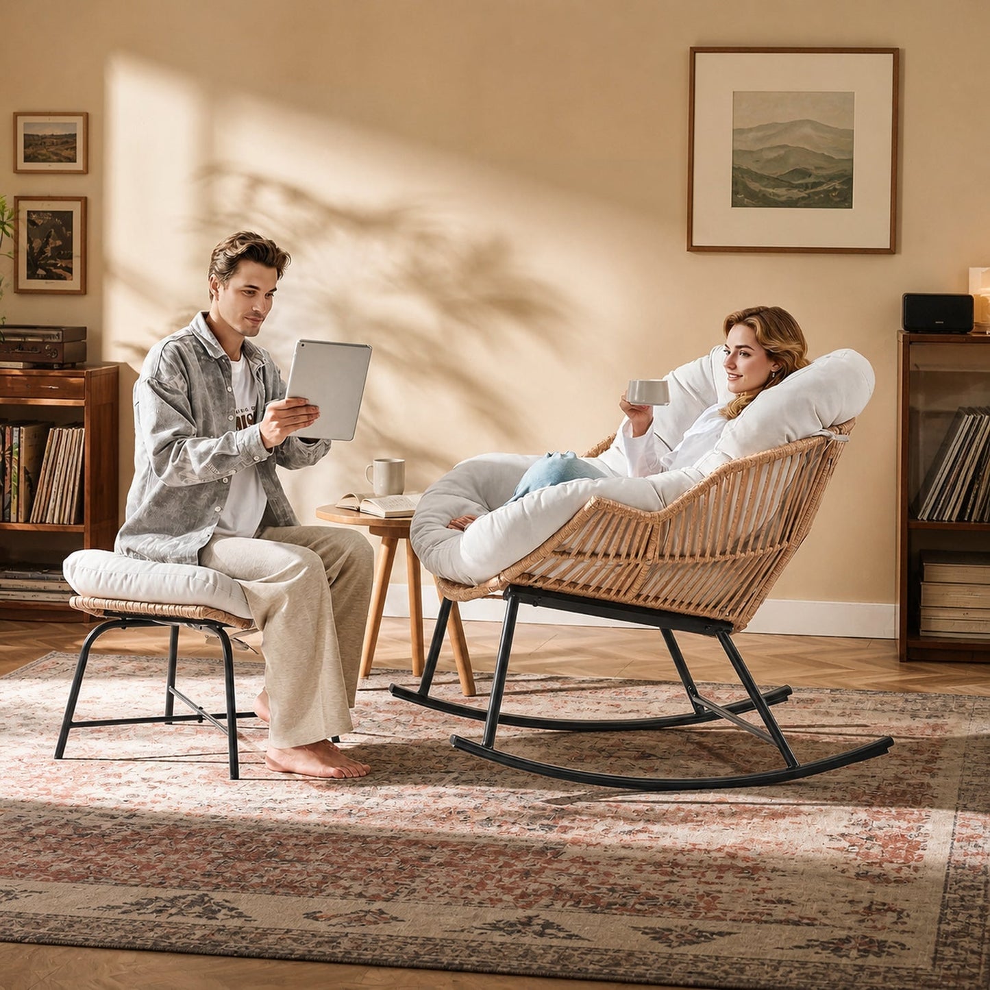 Papasan Rocking Chair with Ottoman, Oversized Indoor Outdoor Rattan Rocker with Padded Cushion